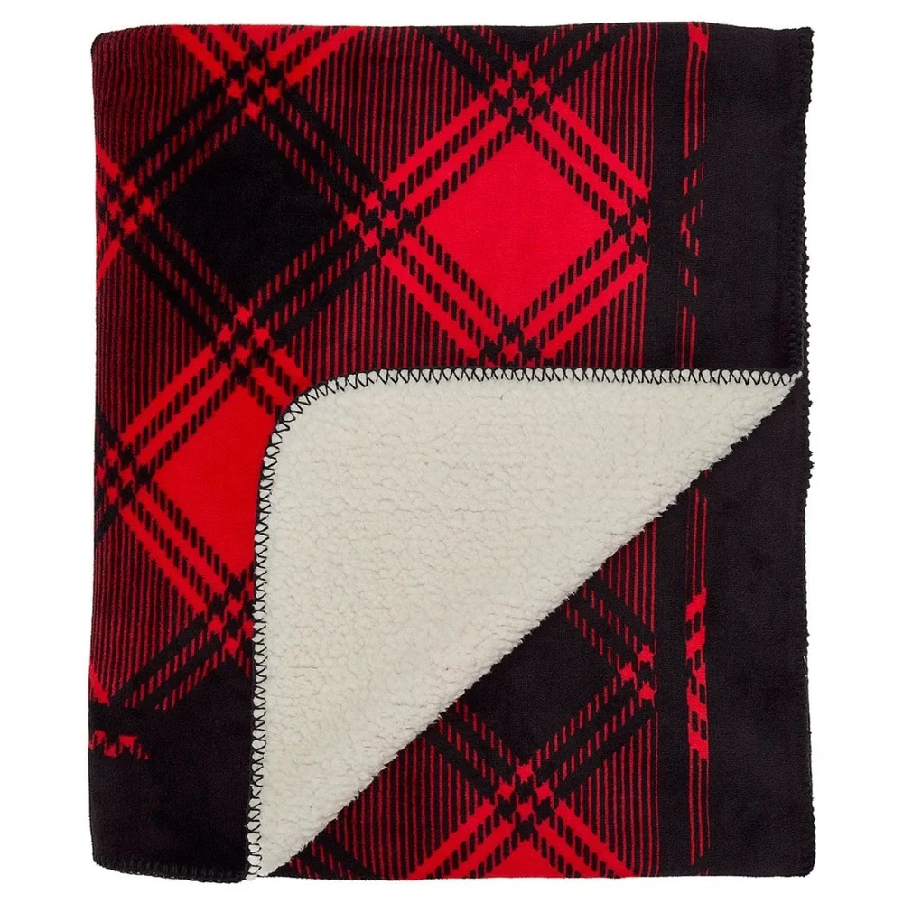 PINK Victoria's Secret Red and Black Plaid Sherpa Throw